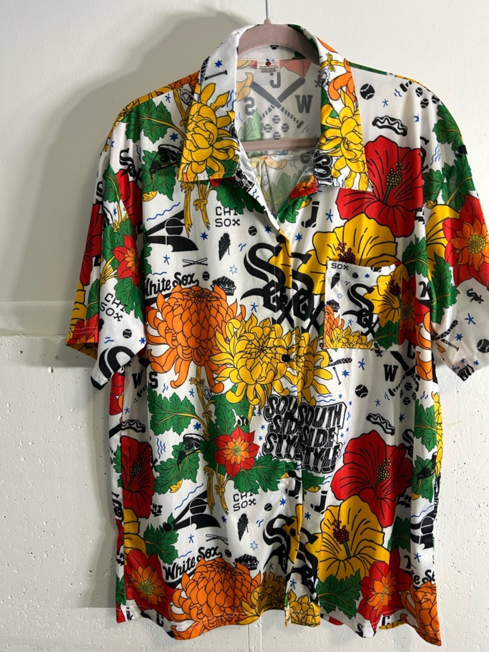 Floral Button-Down Shirt - White with Red, Yellow & Green GO WHITE SOX!